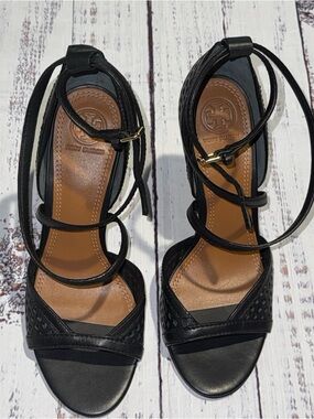 Tory Burch Alyssa Wedge - Black Leather Strappy Ankle-Tie Sandals